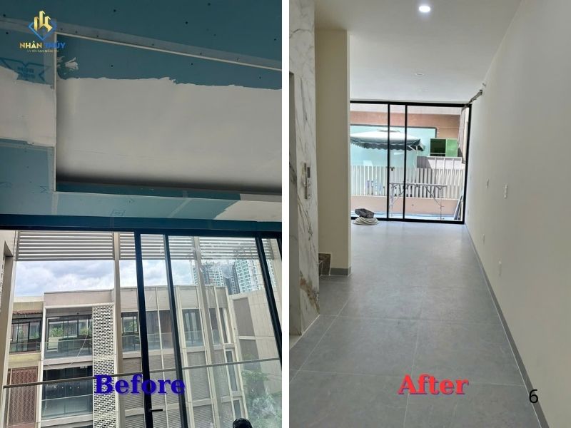 Tường nhà phố tại TPHCM trước và sau khi Nhân Thủy thi công sơn bả hoàn thiện