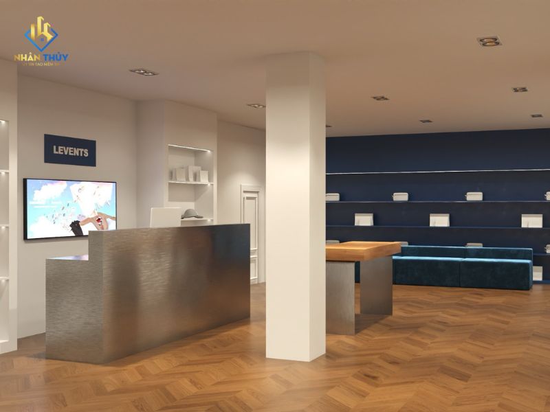 Phối cảnh quầy và hệ kệ trưng bày màu xanh showroom LEVENTS