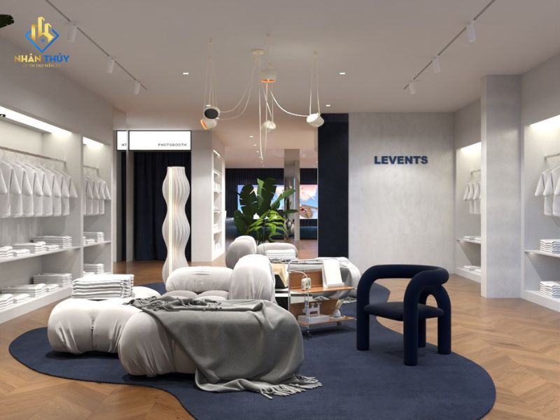 Phối cảnh khu trưng bày và khu ngồi trung tâm showroom LEVENTS