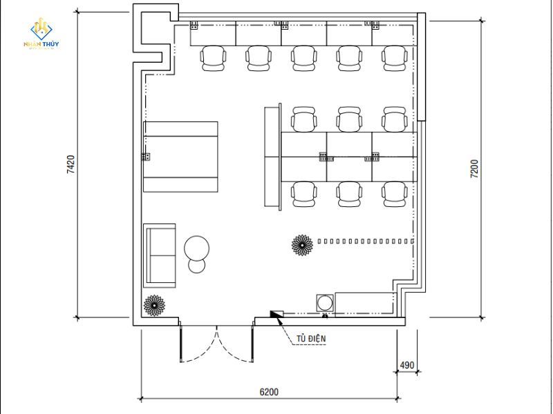 Bản vẽ mặt bằng Nhân Thủy có các kích thước 6.200 và 7.200 mm