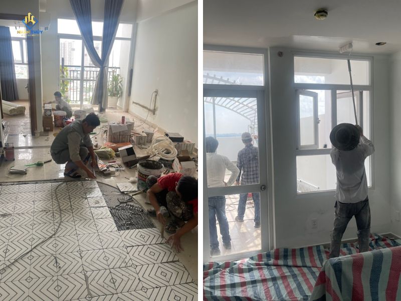 Cùng một bức tường trước và sau khi xử lý và sơn lại bằng sơn chống thấm cao cấp