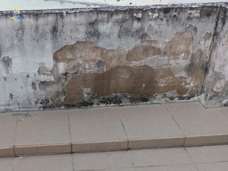 Chân tường ẩm đã được bóc lớp vữa rỗng đến nền chắc trước khi tô lại