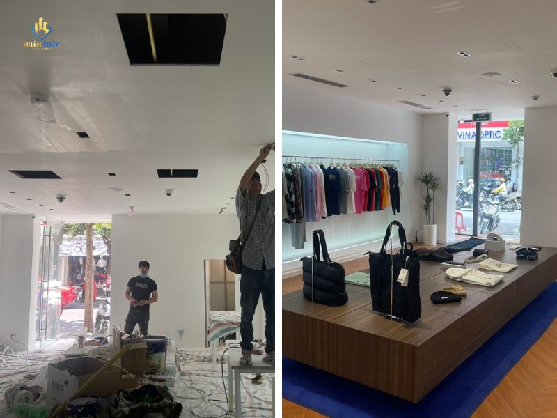 Sàn showroom LEVENTS được che chắn và vật tư tập kết gọn trong quá trình thi công