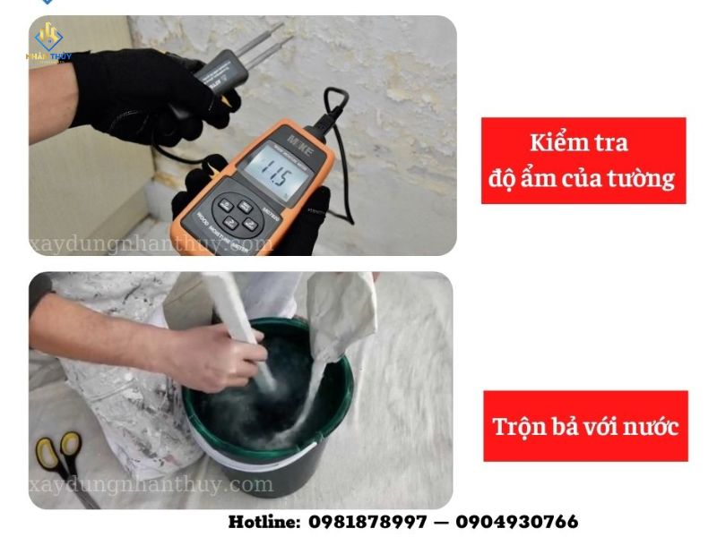 Hai hình minh họa thao tác đo độ ẩm tường và trộn vật liệu bả với nước