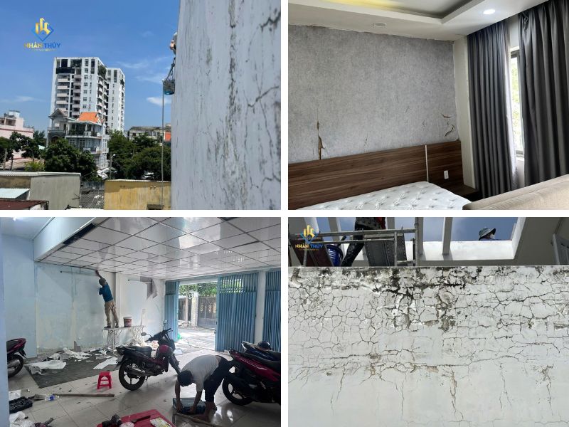 Các hiện trạng nhà cũ gồm tường bẩn, bong lớp hoàn thiện, nứt và đang thi công sơn lại