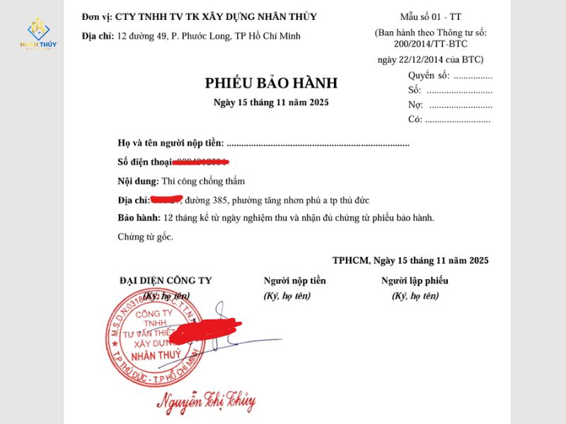 phiếu bảo hành chống thấm nhà vệ sinh