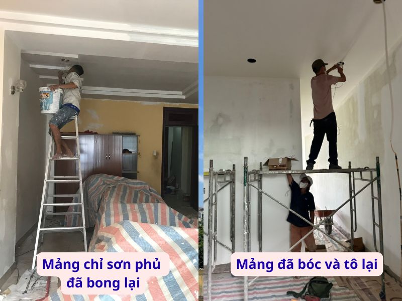 So sánh mảng tường chỉ sơn phủ bị bong lại và mảng tường đã bóc vữa, tô lại