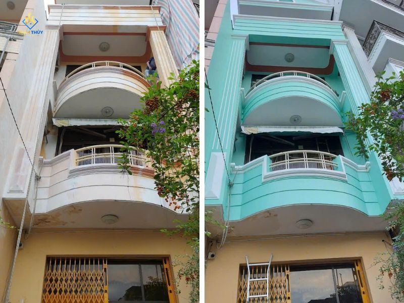 Mặt tiền nhà trước và sau khi sơn lại màu xanh ngọc