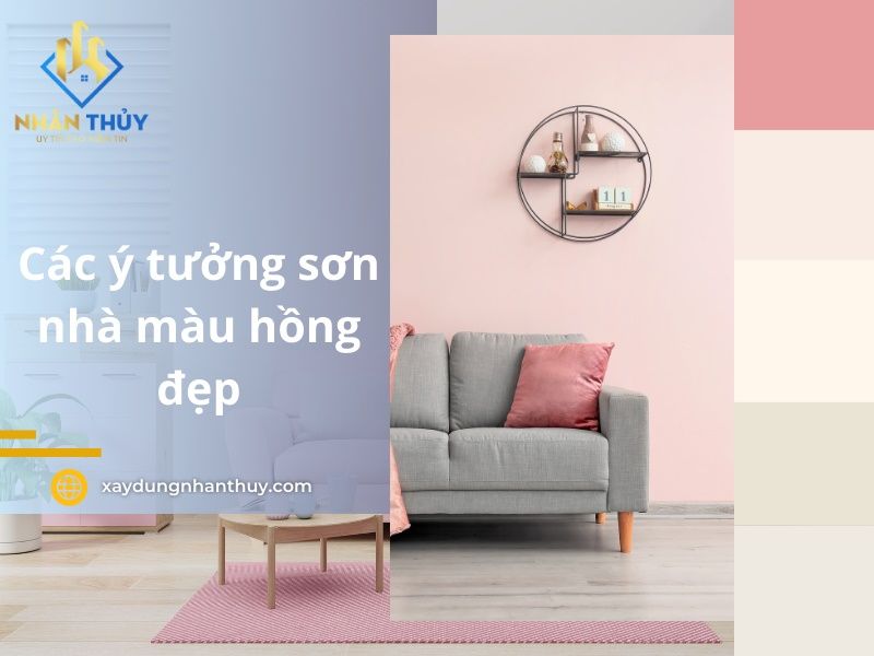 Ảnh minh họa phòng khách phối tường hồng nhạt với sofa xám