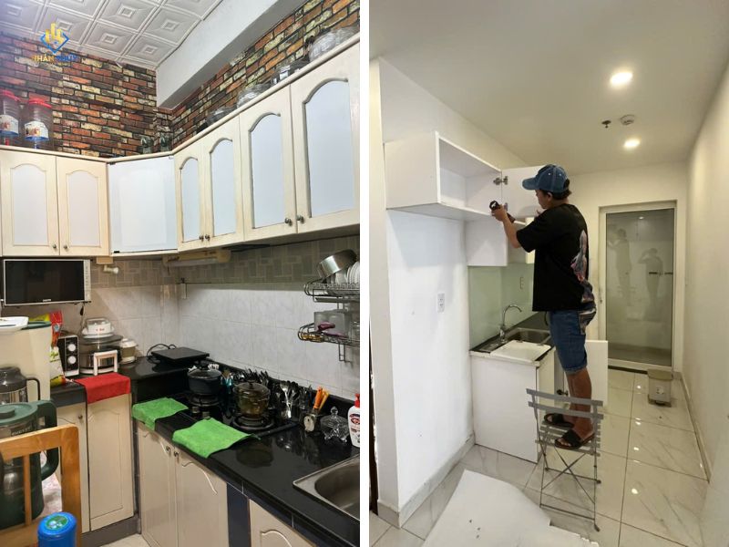 So sánh cải tạo bếp: một bên chỉ thay cánh tủ, một bên tháo toàn bộ để xử lý nền và chống thấm