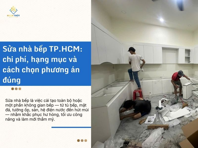 Căn bếp tại TP.HCM sau khi Xây Dựng Nhân Thủy cải tạo, thấy rõ tủ bếp, mặt đá và tường kính ốp