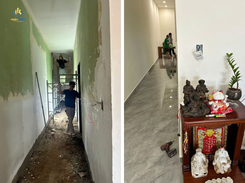 Hai ảnh hành lang với tường xanh đang cải tạo và tường trắng sau hoàn thiện